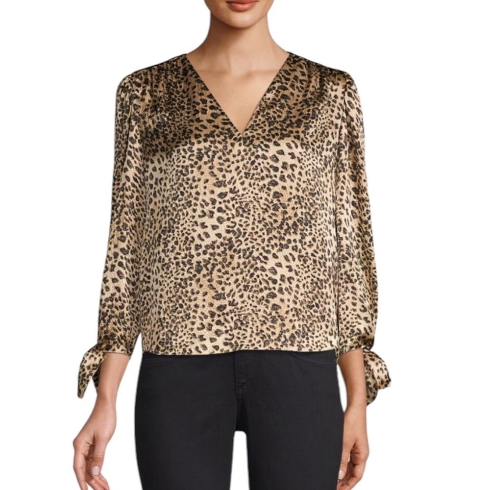 REBECCA TAYLOR Leopard-Print Silk Blouse 0 V-Neck Tie Sleeves
